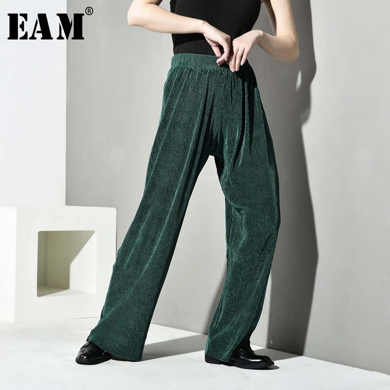 

[EAM] High Elastic Waist Green Pleated Velevt Long Wide Leg Trousers New Loose Fit Pants Women Fashion Spring Autumn 2019 JD5360
