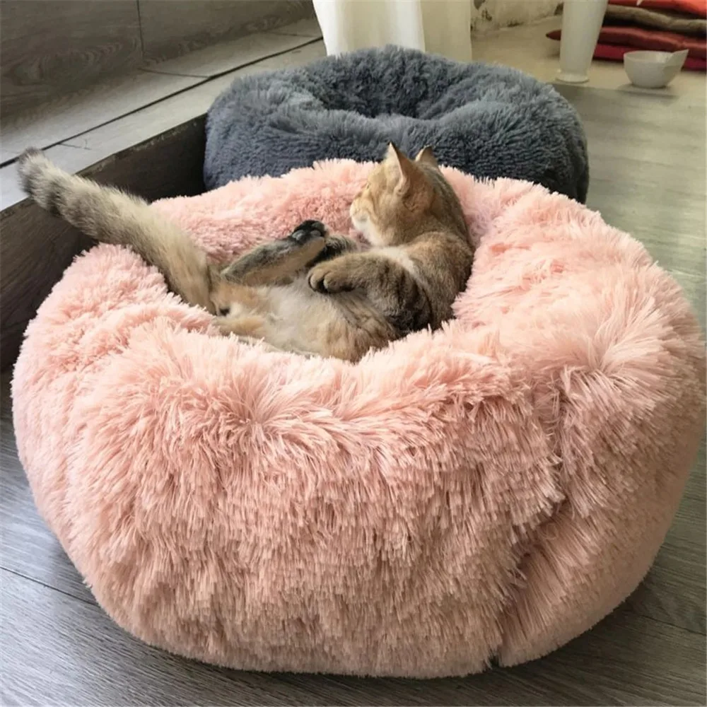 

Round Plush Cat Bed House Soft Long Plush Cat Bed Round Pet Dog Bed For Small Dogs Cats Nest Winter Warm Sleeping Bed Puppy Mat