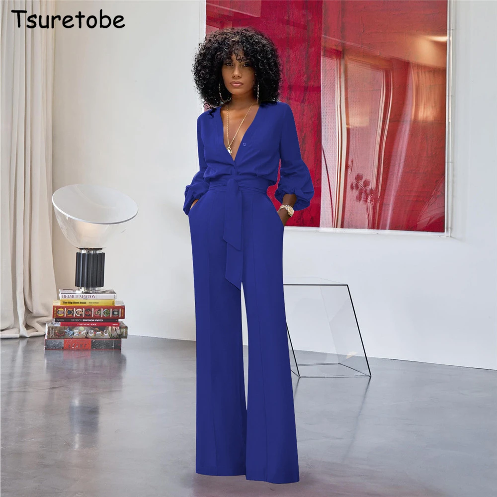 

Tsuretobe Women Sexy Deep V-Neck Jumpsuits Wide Leg Pants Elegant Bandage Romper Puff Sleeve Casual Party Overalls Sashes Female