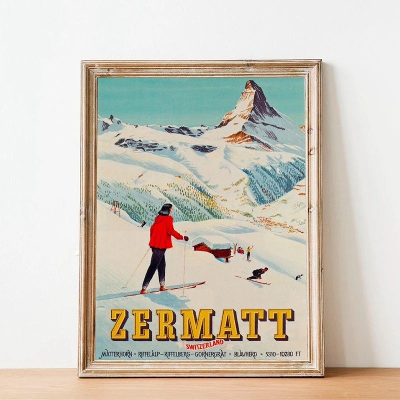 Zermatt Switzerland Matterhorn принт ВИНТАЖНЫЙ ПЛАКАТ "лыжи" Ретро художественное полотно на стену картина для путешествий домашний декор стен