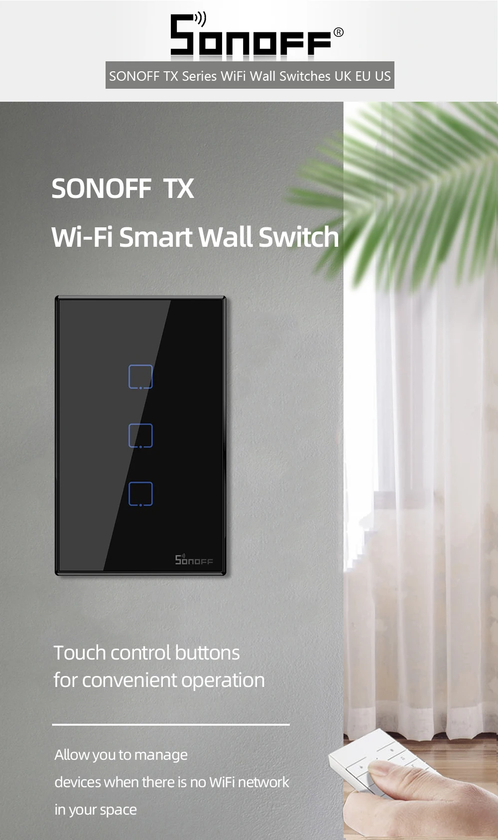 Интеллектуальный выключатель света SONOFF TX T2/T3 нам Беспроводной стены Wifi сенсорный выключатель 1/2/3 умный дом переключатель приложение Дистанционное Управление работает с Google home