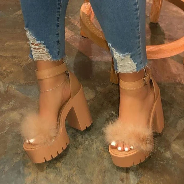 Woman Furry Sandals High Heels with Fur Female Platform Pumps Women Ankle Strap Women's Wedge Shoes 2021 Summer Dropshipping 2