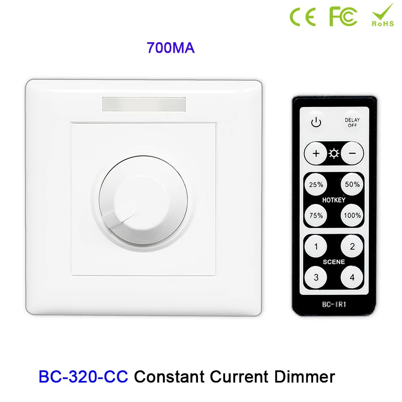 350mA/700mA Knob style LED Dimmer BC-320-CC Constant Current PWM Output signal with wireless IR remote LED Strip Controller set dmx512 3ch constant current decoder 12v 24v 48v input signal dmx512 1990 led controller 350ma 700ma 1 3 output channels pwm new