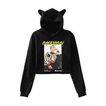 

Super M 2D Cat Cropped Hoodies Women Long Sleeve Hooded Pullover Crop Tops 2019 New Arrival Hot Sale Fashion Clothes