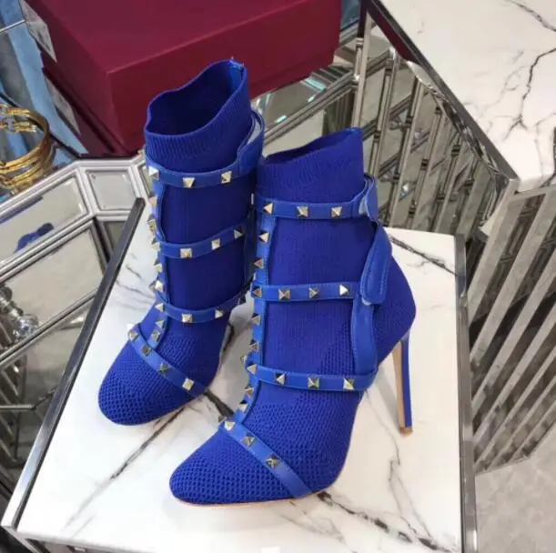 7 Botas de calcetin de mujer de punto de comodidad botas de tobillo de tacón alto cuadradas de moda puntiagudos zapatos elarsticos - Цвет: 7