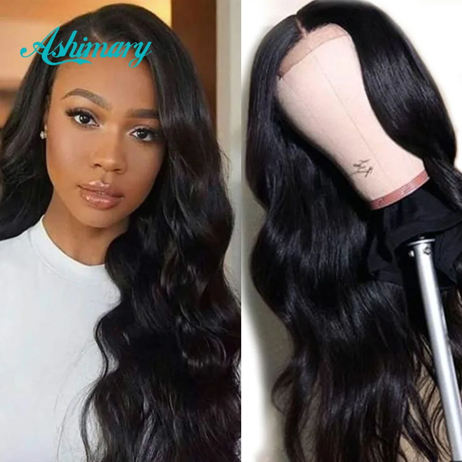 Baratos Ashimary 4x4 pelucas de cierre de encaje cabello humano brasileño cuerpo ondas encaje pelucas para mujeres negras prearrancadas con pelo de bebé densidad de 180%