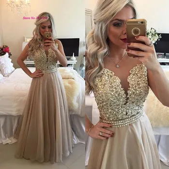 

Elegant Champagne Long Prom Dresses Lace Crystals 2020 Vestido de Formatura Sleeveless Formal Arabic Evening Gowns Floor Length