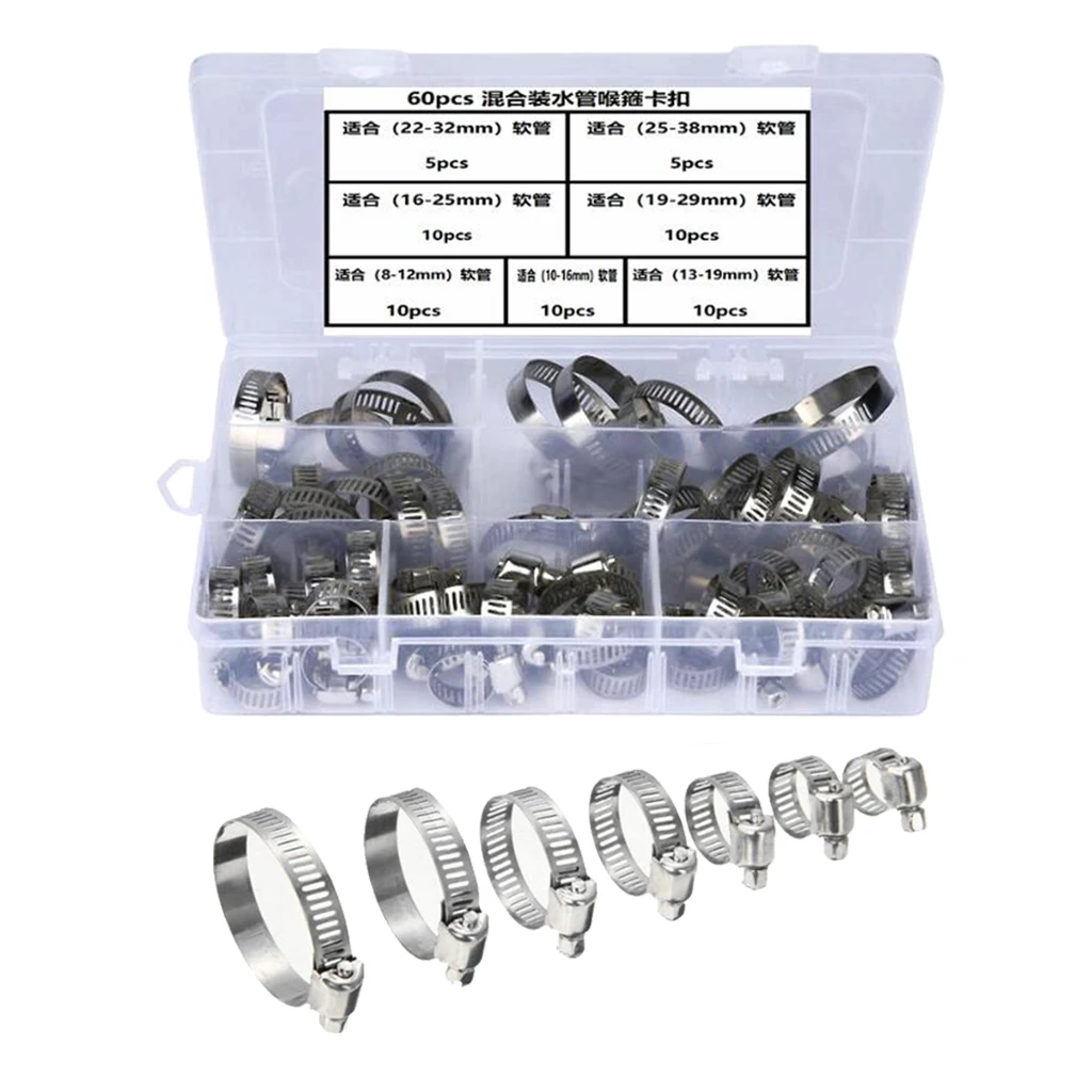 60Pcs Single Ear Hose Clamps Water Pipe Hose Clamp Mixed Assorted Set for Sealing Hose Stainless Steel
