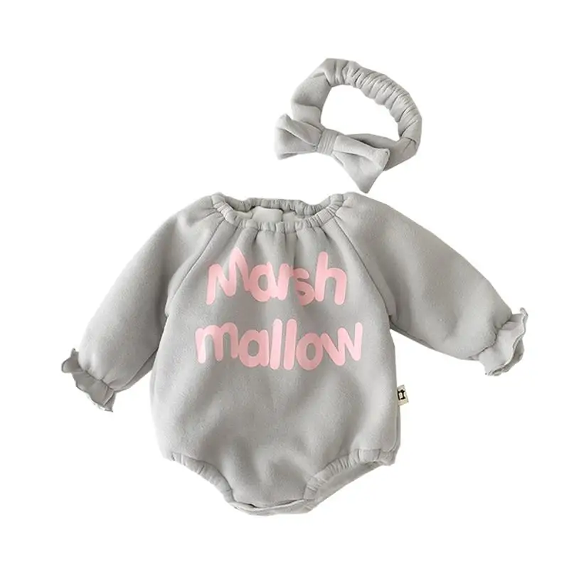 

2019 New Winter Baby Girls Boys Bodysuit Clothes Long Sleeve Letter Print Causal Korean Toddler Jumpsuit Headband Kid Onesies