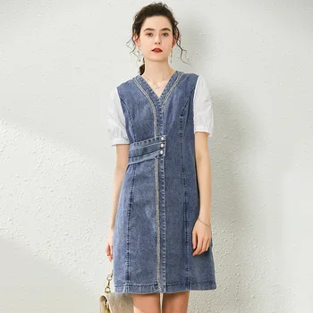 

Denim Dress 2020 Women Summer New Fashion Patchwork Short Seeve V Neck Slim A-Line Dress Above The Knees