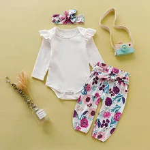 Одежда для маленьких девочек; боди с длинными рукавами; одежда для малышей; штаны с цветочным принтом; повязка на голову; Одежда для новорожденных девочек; roupa infantil