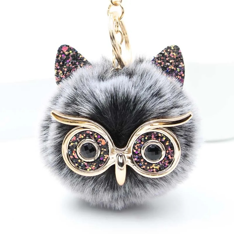 Women Alloy Keychain Gold Plated Black Owl Animal Pom Pom Ball Sequins Keyring 