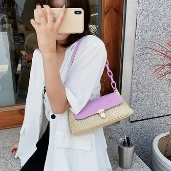 

Women Small Straw Crossbody Bags Stone Pattern Shoulder Bags Ladies Travel Purses and Handbags Female Knit Splicing Underarm Bag