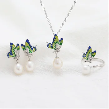 

MeiBaPJ Real 925 Sterling Silver Freshwater Pearl Butterly Jewelry Set Necklace Earrings Ring 3 Pieces Suit Fine Wedding Jewelry