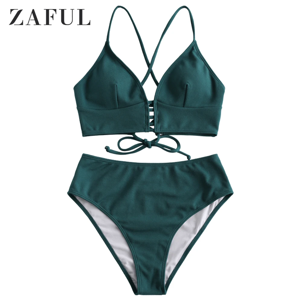 ZAFUL текстурированная шнуровка высокая Талия Танкини купальник Спагетти ремни крест-накрест Strappy High Cut купальники для женщин купальный костюм - Цвет: Dark Green