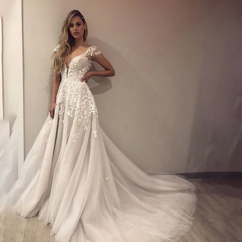 Booma-White-Ivory-Tulle-Backless-Wedding-Dress-Cap-Sleeve-Lace-with-Appliqued-Deep-V-neck-Wedding