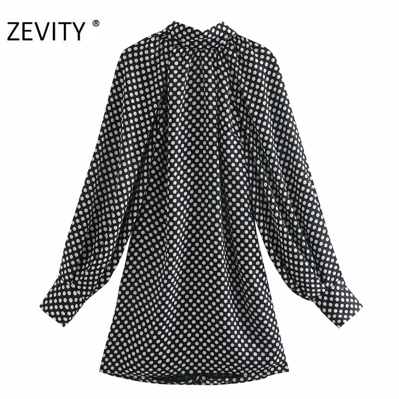 ZEVITY women vintage bow tied stand collar polka dots print mini dress female lantern sleeve casual vestidos chic dresses DS4426