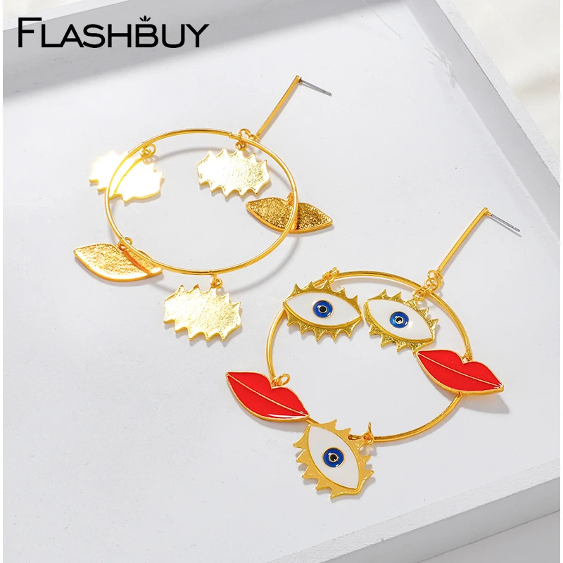 

Flashbuy Fashion Red Mouth Gold Round Drop Earrings For Women Geometric Exaggeration Evil Eyes Earrings Metal Wedding Jewelry