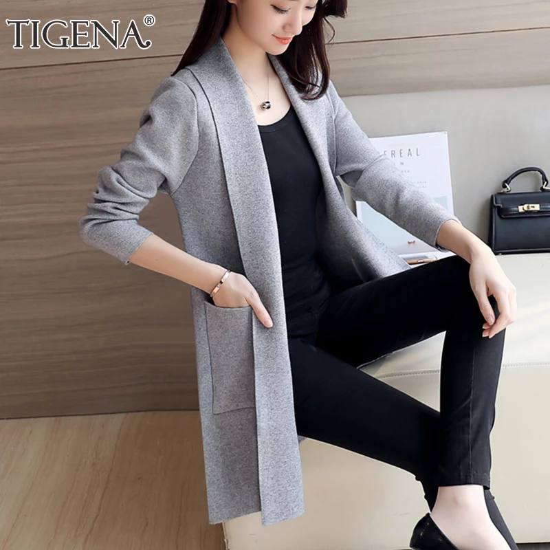 

TIGENA Casual Long Cardigan Women with Pocket 2019 Autumn Winter Long Sleeve Sweater Cardigan Female Knitted Jacket Women Pink