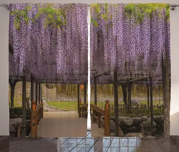 

Japanese Curtains Lilac Flowers Hanging Down from Terrace Top to Bottom Field Paradise Scenery Living Room Bedroom Window Drapes