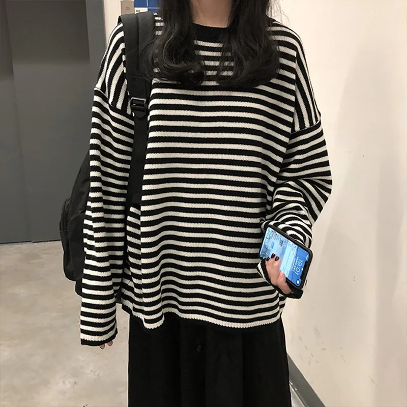 

6 colors Korean stripe Knitted Sweaters Women Casual O Neck Loose Long Sleeve warm Sweater Female (x939)