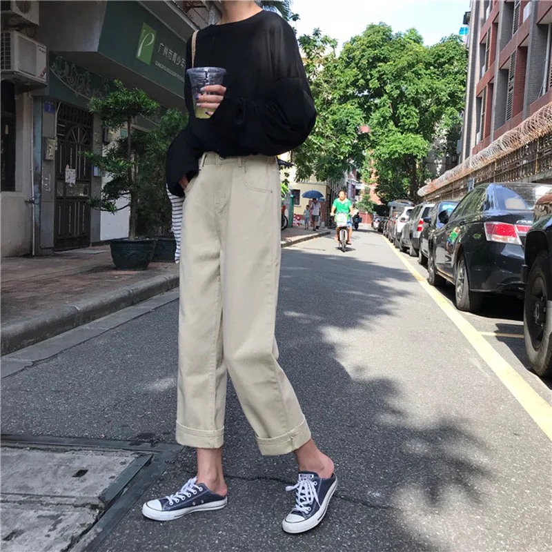Джинсы Kawaii, однотонные, простые, с высокой талией, прямые, универсальные, Harajuku, корейский стиль, студенческие, длиной до щиколотки, женские брюки на молнии