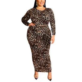 

Leopard long-sleeved fashion large size two-piece suit