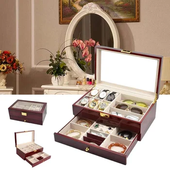 

Double Layers Wood Jewelry Display Case Wooden Storage Box Winder Jewelry Packaging Display Organizer Watch Glasses Cases Boxes