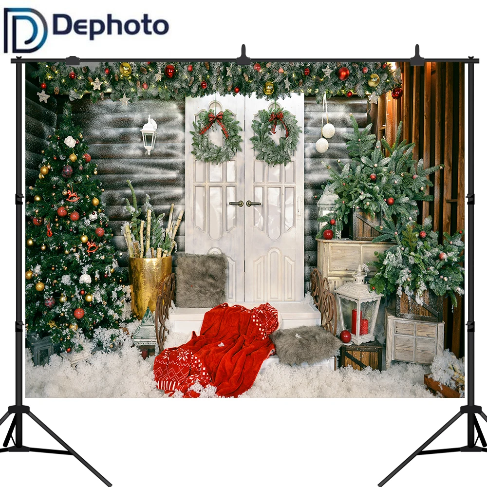 

Dephoto Christmas Background Photography Winter Snow Christmas Tree Wreath Wood Door Home Decor Family Celebrate Party Photocall