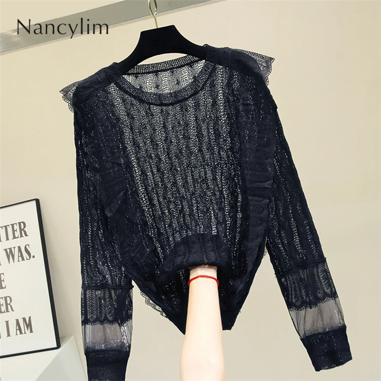 

New Long-sleeved Knit Shirt Autumn 2019 Women's Pullover Sweater Loose Black Jumper Mesh Patch Long Sleeve Thin Sweater Pull