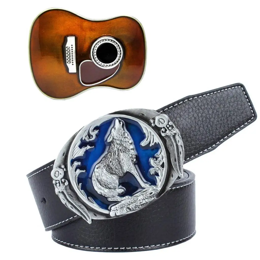 Vintage Black Leather Straps Belt Western Rock Music Guitar Buckle Bohemian