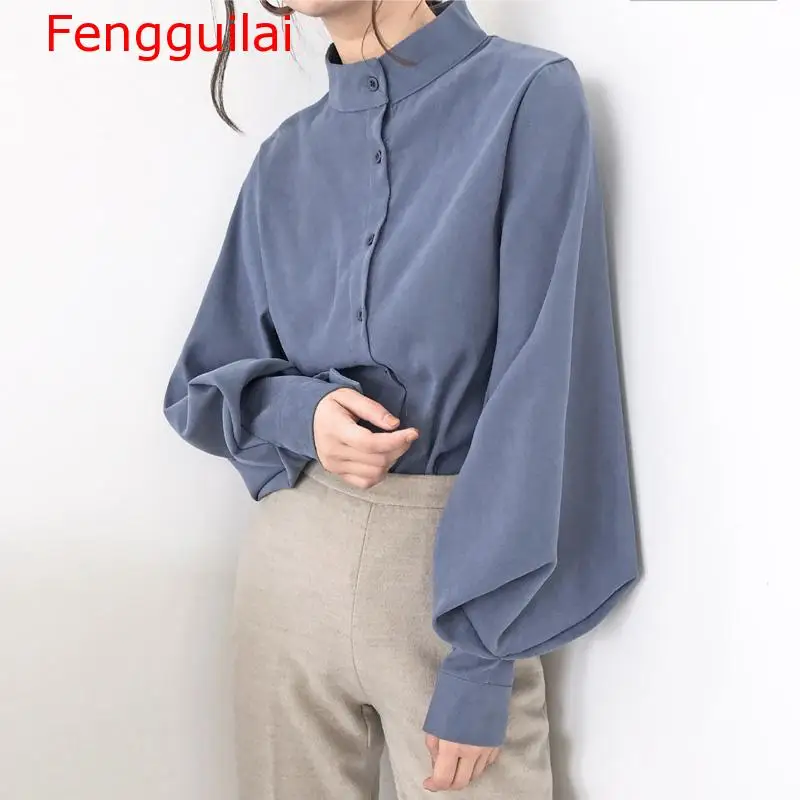 

Vintage Stand Collar Lantern Sleeve Women Blouses Tops Single Breasted Blouse Shirt Female Thick Loose Shirts Blusas Mujer