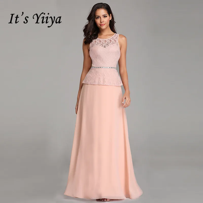 

It's Yiiya Bridesmaid Dress Solid O-Neck Plus Size Lace Robe De Soiree Sleeveless Floor-Length Zipper Women Party Dresses C453