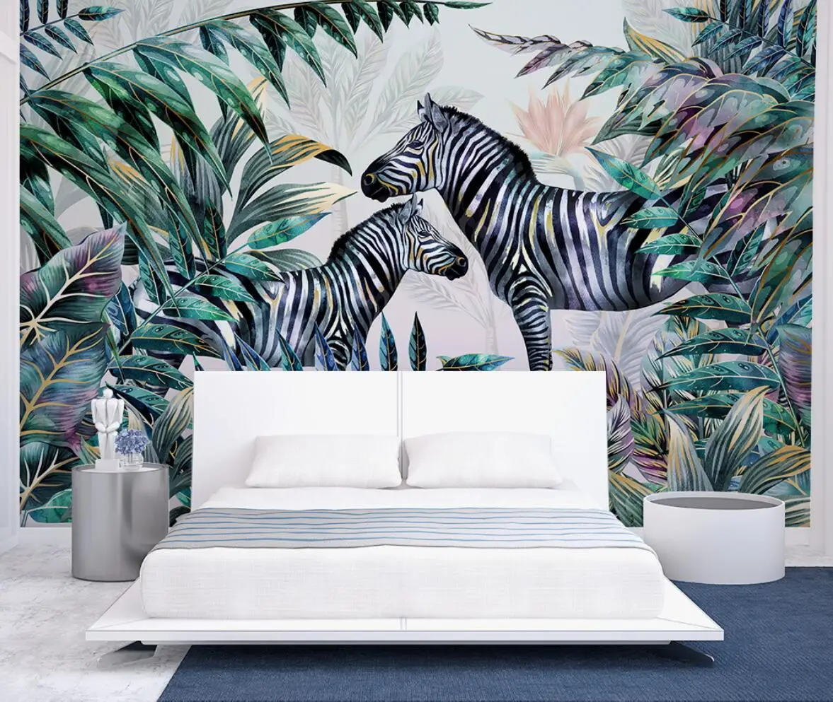 

beibehang Custom Large Mural Wall Paper Living Room Sofa Bedroom Tropical plant forest animal zebra Wallpaper Murals 3d sticker