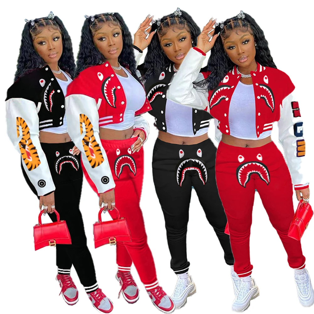 Chic Lady Cartoon Red Black Shark Tiger Sleeve Baseball Jacket Single-Breasted Long Top And Pants 2 Pieces Set |
