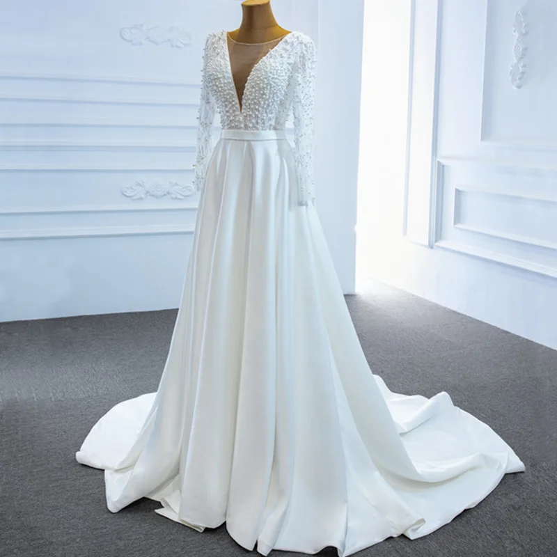 J67197 Jancember Simple White Wedding Dress 2020 A-Line Pearls Lace Up Back Deep V-Neck Pleat Long Sleeve 4