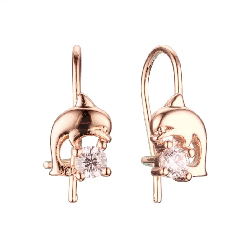 

New Arrival Children Earring 585 Gold Fashion Jewelry Clear Cubic Zircon Earring Dolphin Design Drop Earring