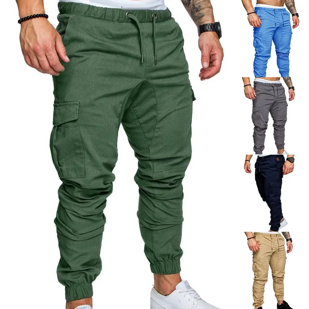 Men Casual Solid Color Pockets Waist Drawstring Ankle Tied Skinny Cargo Pants Men Casual Solid Color Pockets Waist Drawstring Ankle Tied Skinny Cargo Pants