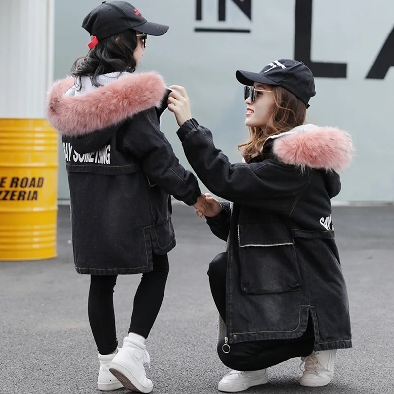 

Children Denim Jacket Faux Shearling Lining Family Clothes Kids Size 110-150 Adults Size S-XL Faux Fur Hooded Winter Coat Parkas