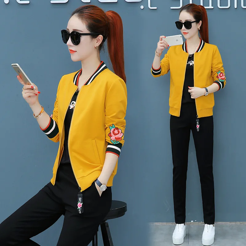 

2018 Spring And Autumn New Style Korean-style Casual Sports WOMEN'S Suit Printed Cardigan Long Sleeve Loose-Fit Hoodie Three-pie