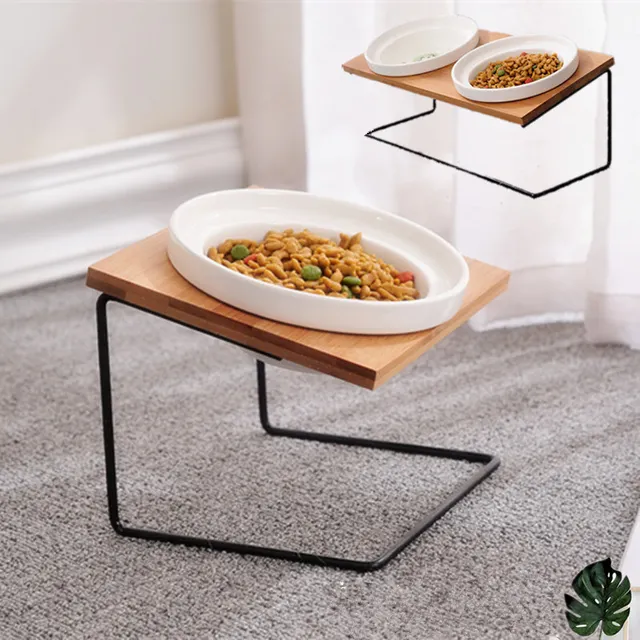 Cute Cat Bowl High-end Pet Bowl Bamboo Shelf Ceramic Feeding and Drinking Bowls for Dogs and Cats Pet Feeder Dog Double Bowls 2