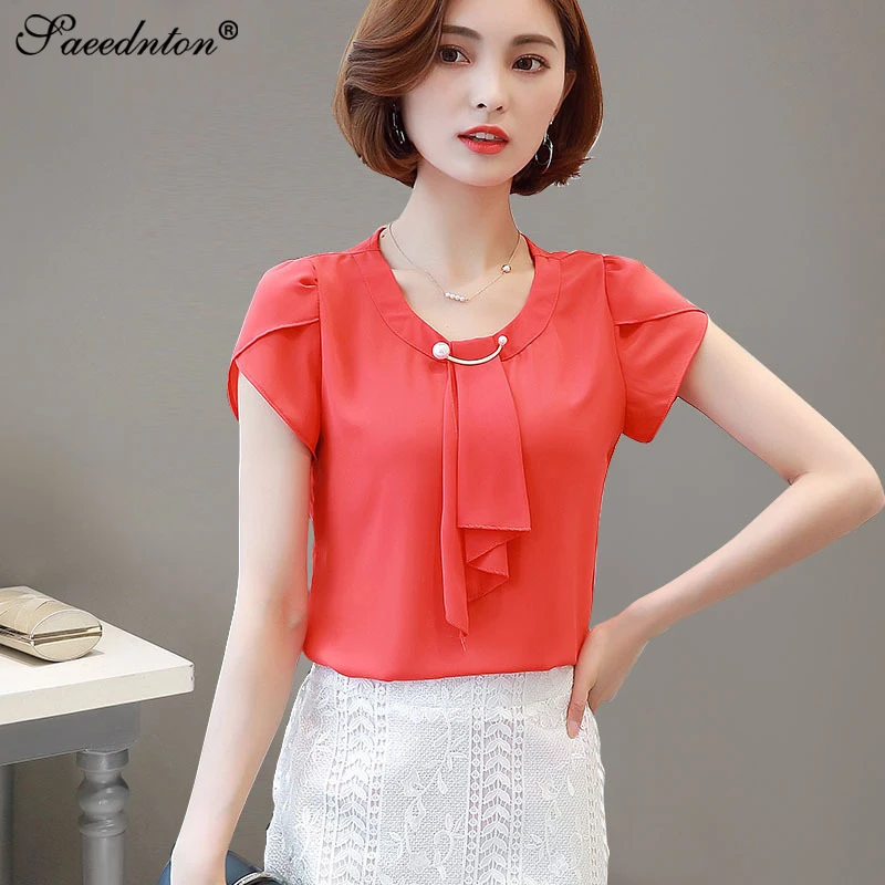 

2019 Summer Solid Chiffon Blouses Shirt Women Tops Short Sleeve Shirt Women's Elegant Casual Office Lady Blusas Chemise Femme