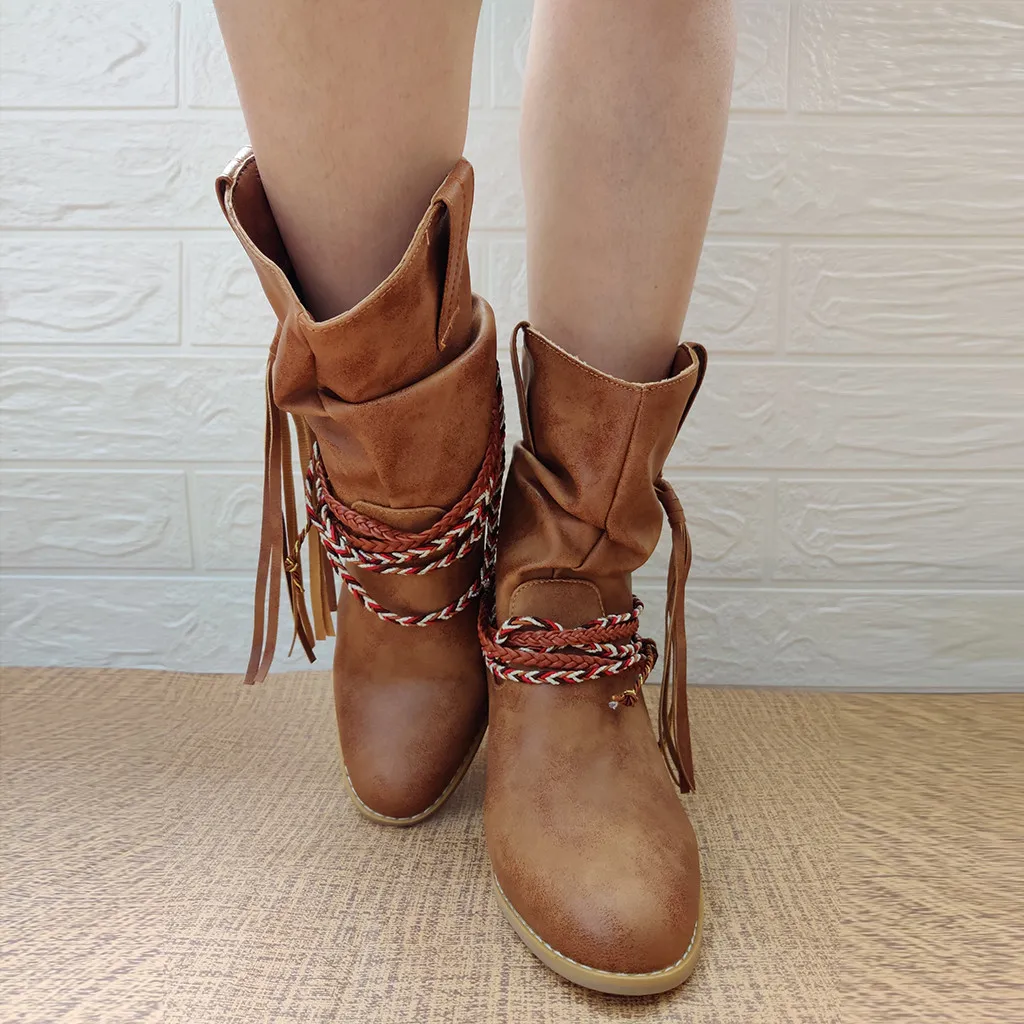 Gladiator Women's Rome Motorcycle Boots Winter Wide Calf Leather Short Boot Vintage Female Western High Heel Cowboy Shoes Tassel