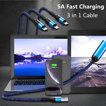 

5pcs/lot 5A Data Transfer Cable 3 in 1 USB Cable Fast Charging Data Line 3-in 1 Cable for Lightning/ Micro USB/ Type-C Connector