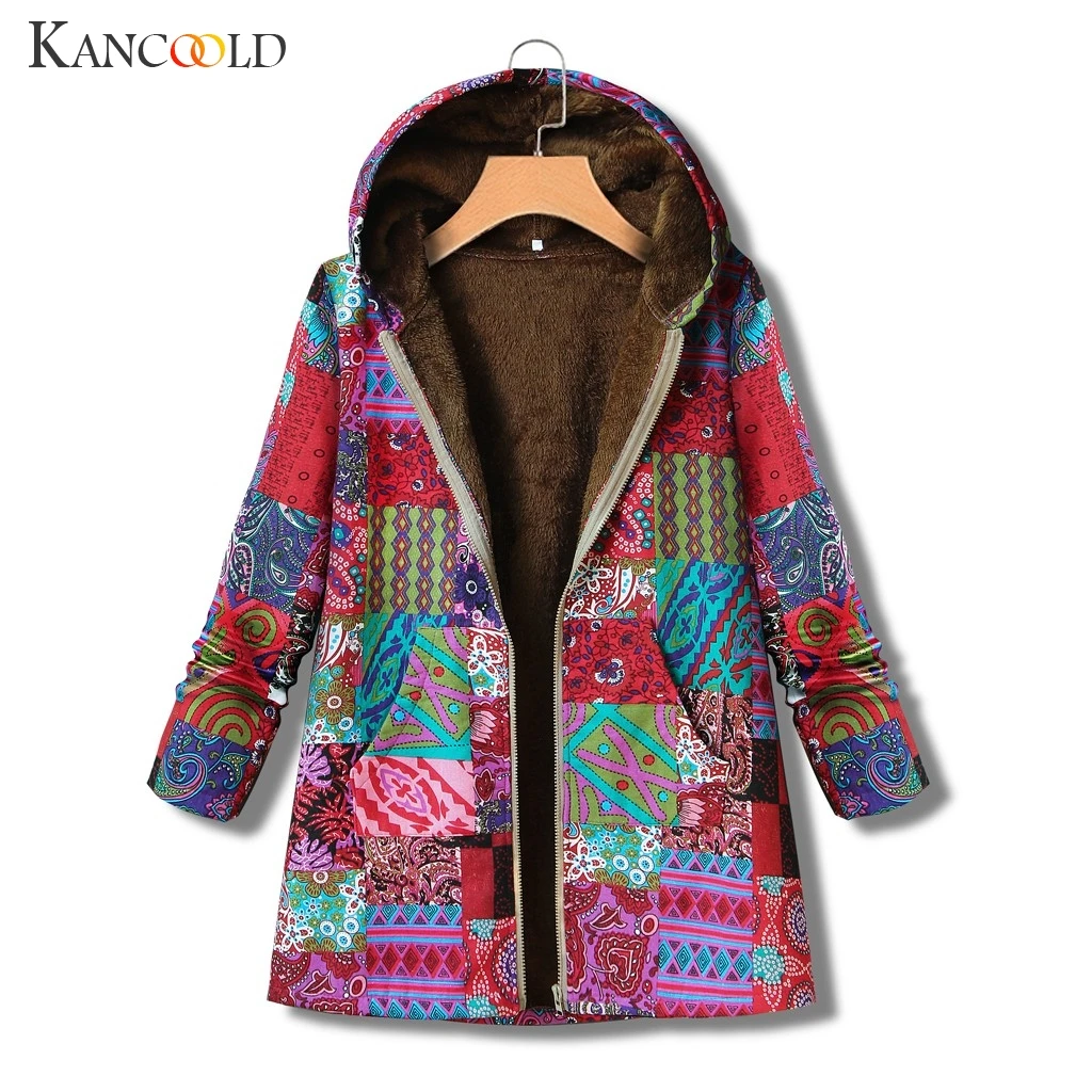 

KANCOOLD coats Women Winter Vintage Warm Printed Pockets Thicker Zipper Hooded Outwear fashion coats and jackets women 2019AUG27