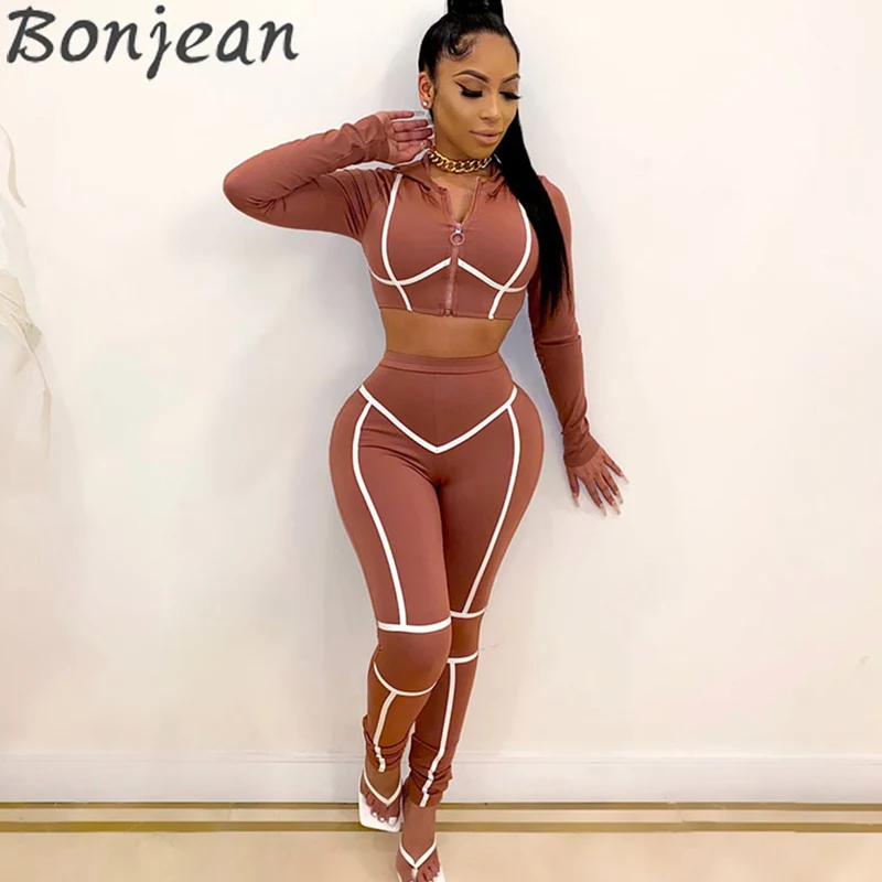 

BONJEAN Fall 2020 Tracksuit Clothes 2 Piece Sets Womens Outfits Caged Zip Up Crop Tops Hoodie And Pants Matching Sweat Suits