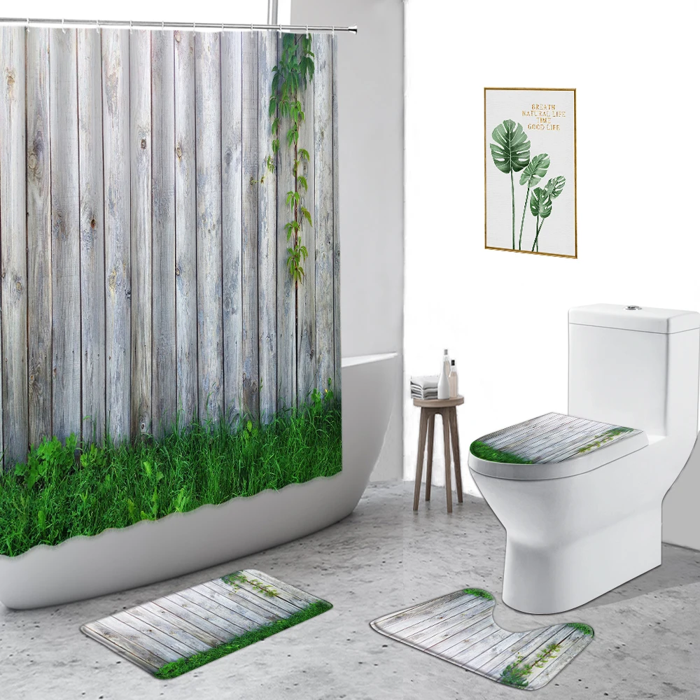 

Ретро занавеска для душа с текстурой древесины зеленые растения ностальгическая деревянная дверь ткань декор для ванной 4 шт. нескользящий ковер занавеска для ванной s