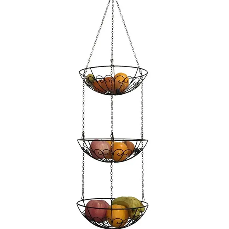 New European Style Storage Basket Racks 3-Tier Hanging Kitchen Vegetable Fruit Storage Basket Rack With Iron Chain