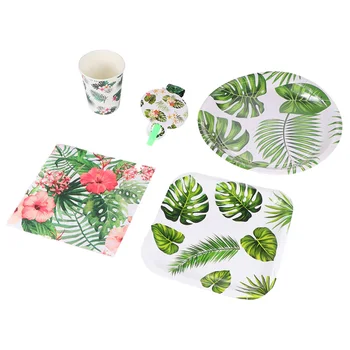 

52pcs Hawaiian Theme Disposable Tableware Paper Cup Monstera Leaf Printing Plates Napkins Set Leaf Banner Set Festival Summer Pa