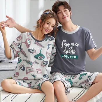 

Pure cotton cartoon cute print 2020 summer 2 piece set couple models O-neck T-shirt comfortable pajamas ladies pajamas short